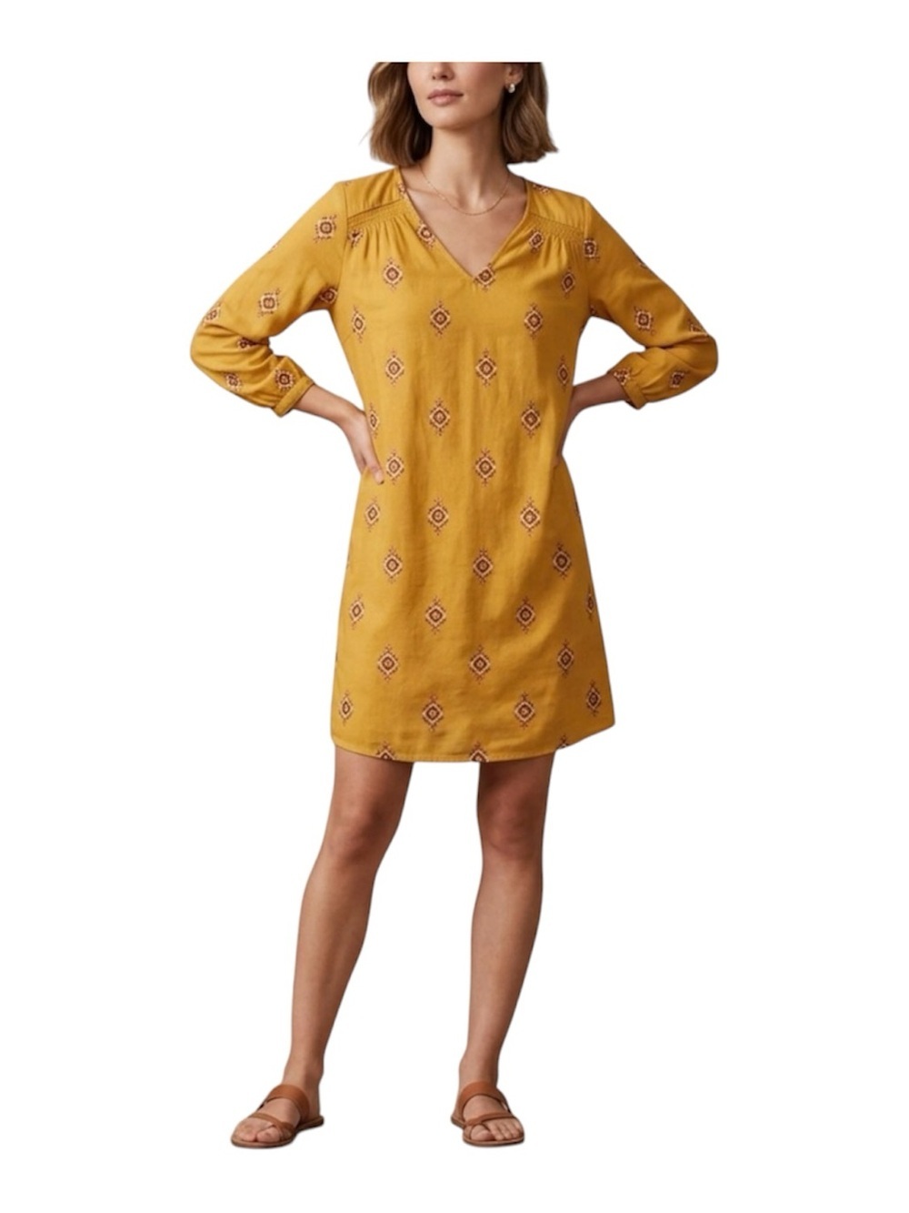 Old Navy Women Patterned Shift Dress Mustard Yellow V-Neck Geometric Printed XS